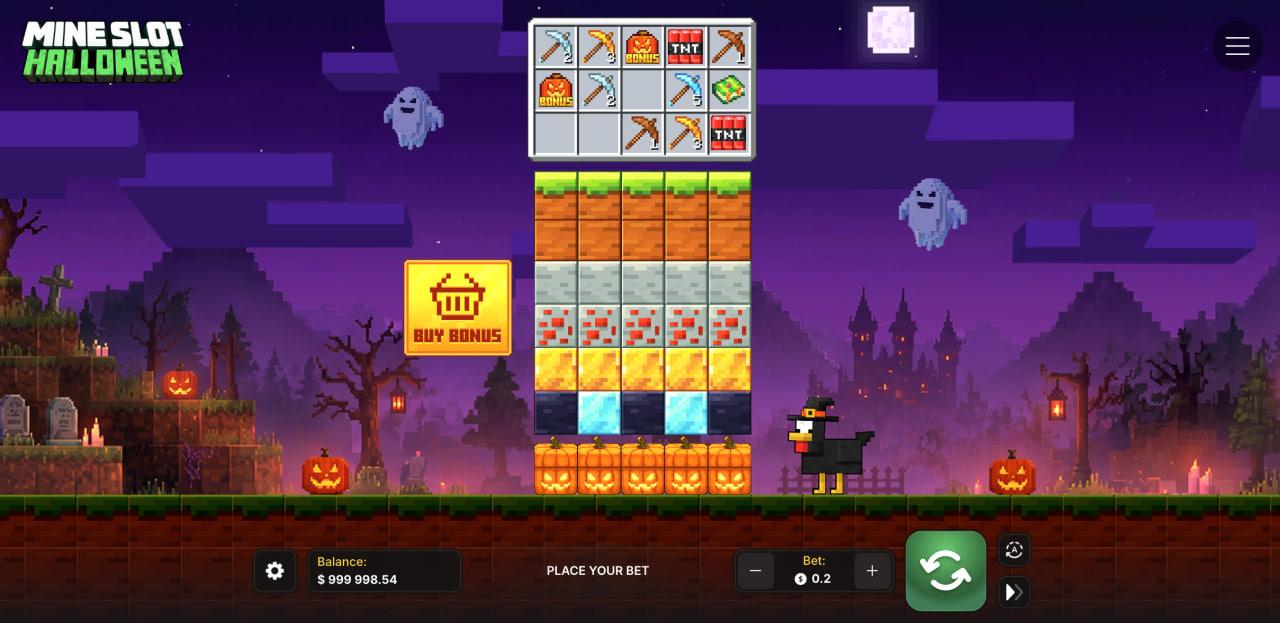 Mine Slot Halloween opinia demo gra za darmo – kolumny bloków, pioniery i przycisk Buy Bonus