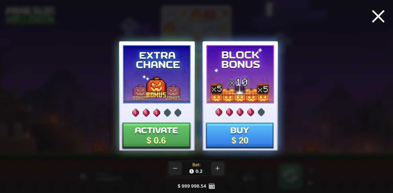 Mine Slot Halloween kasyno bonus hazard kod promocyjny – okno Extra Chance i Block Bonus na komputerze