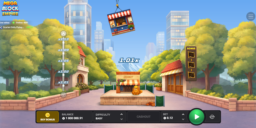 MegaBlock Empire opinia demo gra za darmo – dźwig nad wieżą i aktualny mnożnik