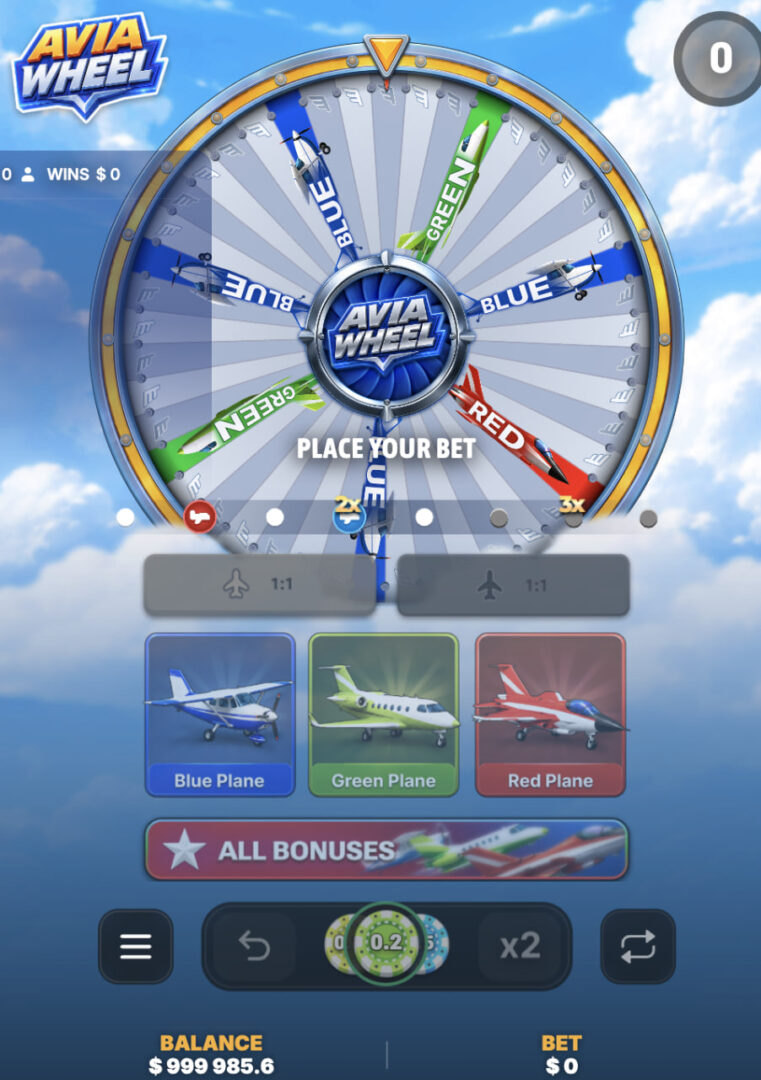 Avia Wheel gra aplikacja bonus za darmo – pionowy ekran telefonu z komunikatem Place your bet oraz żetonem 0,2