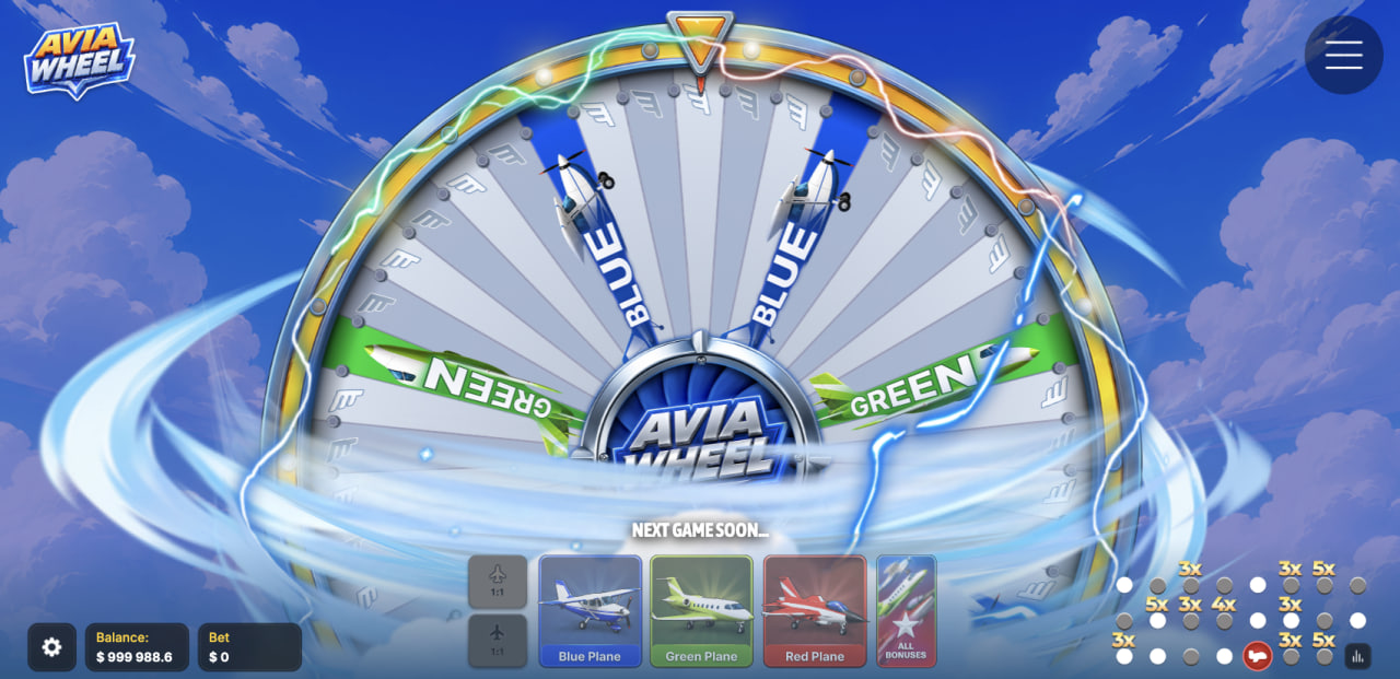 Avia Wheel opinia demo kasyno gra – koło z kartami Blue, Green i Red Plane oraz przyciskiem All Bonuses w wersji na komputer