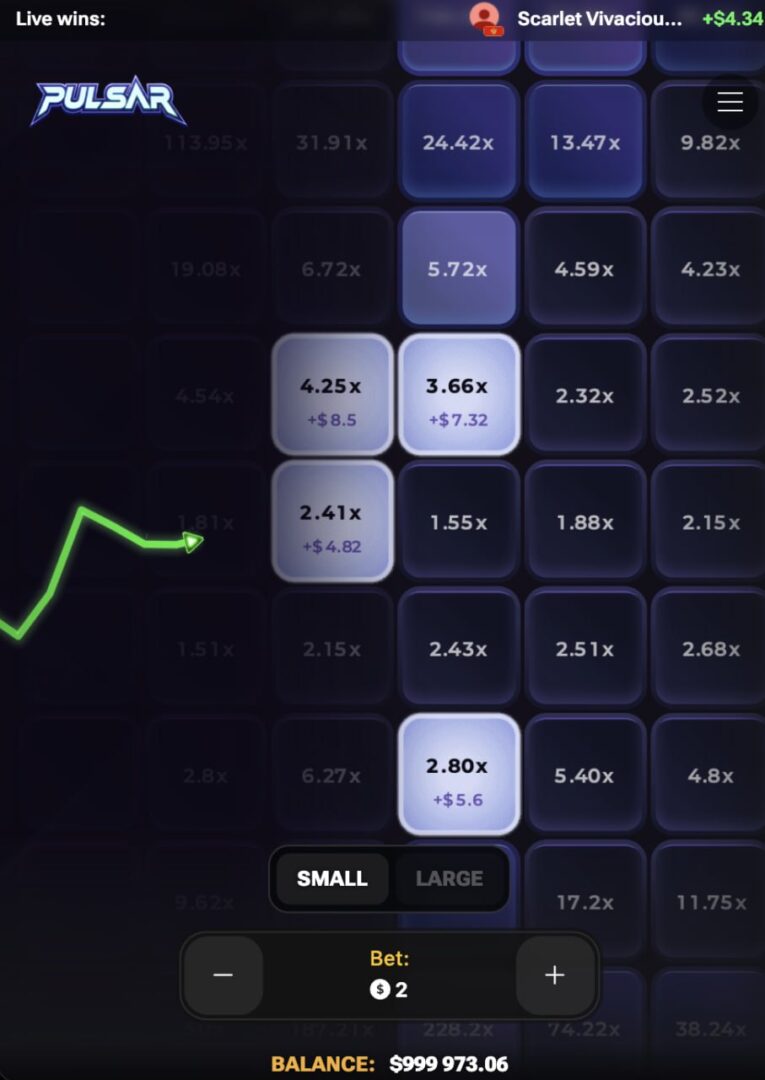 Pulsar gra aplikacja bonus za darmo – pionowy ekran telefonu z trzema zaznaczonymi polami i przyciskami SMALL oraz LARGE